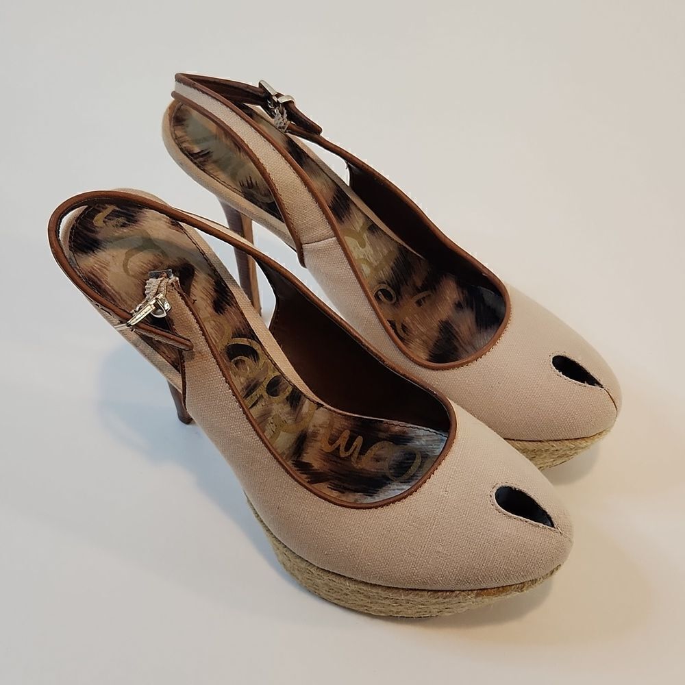 Sam Edelman Novato Slingback Heel Pumps Canvas Sand Jute Wrapped Women Sz 8.5M